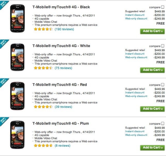 T-Mobile myTouch 4G is selling for free with a 2-year contract through T-Mobile&#039;s site