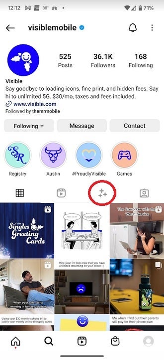 Halaman profil Instagram Visible.  Ketuk ikon yang dilingkari - Promo baru Visible Mobile membuat single lebih "terlihat"  untuk liburan