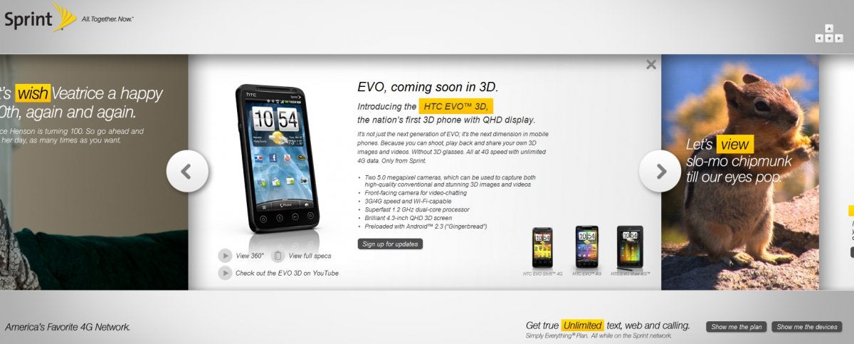 Sprint&#039;s landing page places attention on the HTC EVO 3D, View 4G, and more