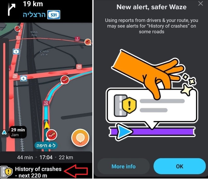 Waze is testing a warning that will tell drivers if a road has a higher than normal accident history Image credit-Geektime - Waze is testing a feature that will alert drivers to a dangerous road.