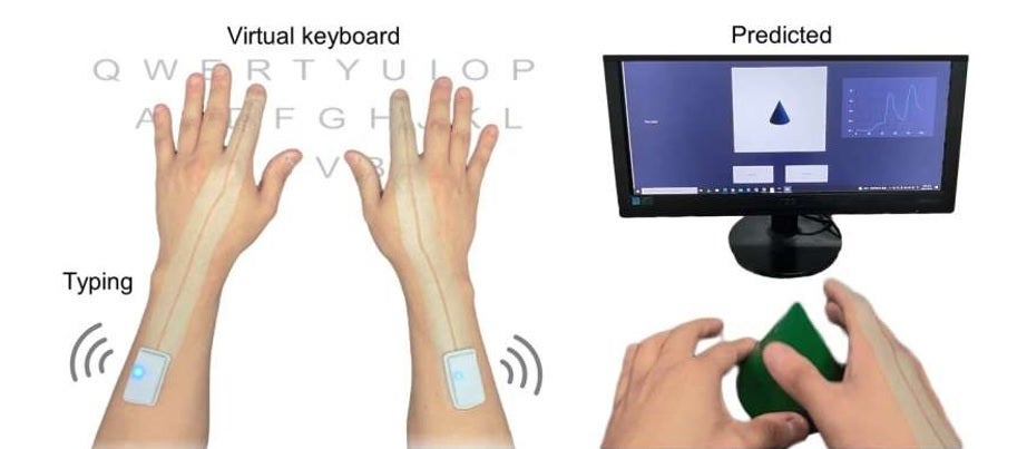 Imagine typing on a virtual keyboard or recognizing items by touch with a spray-on smart skin. Users can use a spray-on smart skin to type on their phone using a virtual QWERTY keyboard.