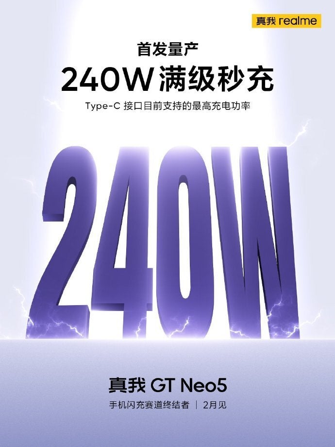 Realme taquine une charge de 240 W pour son prochain smartphone GT Neo5 - Le prochain téléphone Realme pourrait se recharger complètement de 0% à 100% en seulement 9 minutes