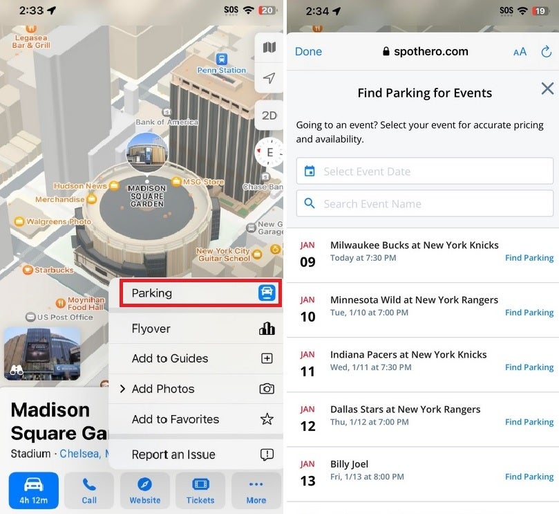 Akan melihat Knicks atau Rangers bermain?  Anda dapat memesan parkir terlebih dahulu langsung dari aplikasi Maps - Apple menambahkan fitur parkir baru yang berguna ke aplikasi Maps