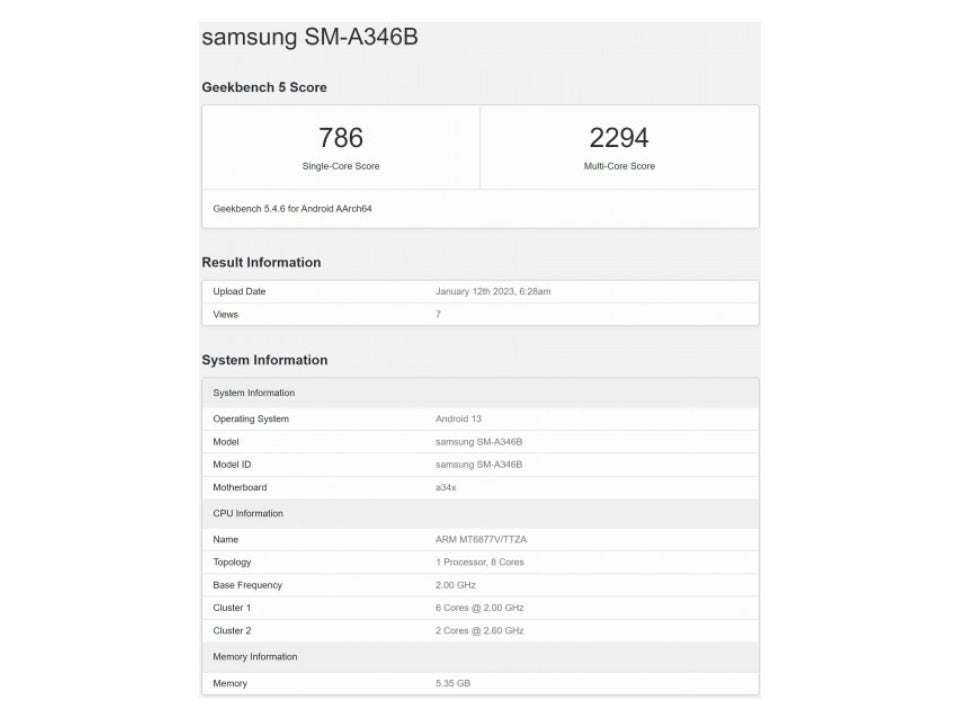 Los puntajes Geekbench del Galaxy A34 5G presentados por GalaxyClub.  - La fuga de especificaciones del Galaxy A34 5G finalmente revela el procesador del teléfono