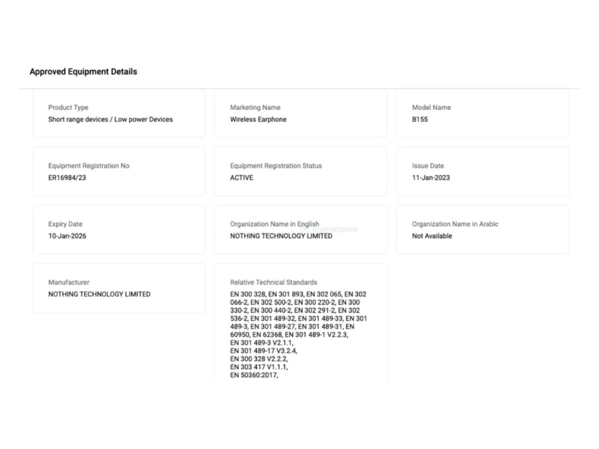 The unearthed TDRA certification, as provided by MySmartPrice. - Nothing Ear (2) earphones may launch soon, certification hints