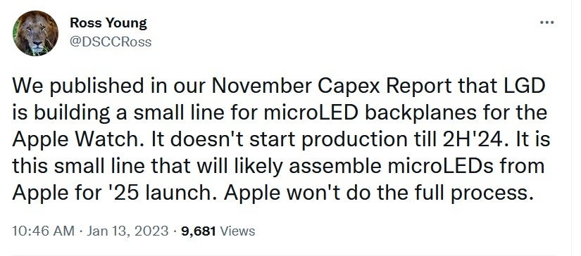 Reliable tipster Ross Young says that LG is building a small production line for the micro-LEDs to be used on the Apple Watch - Highly accurate tipster says LG unit will assemble key part for Apple Watch in 2024