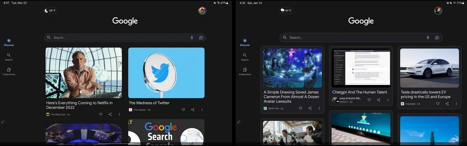 Paisaje en tableta Android, aplicación de Google.  Interfaz de usuario antigua a la izquierda, interfaz de usuario nueva a la derecha: Google está realizando cambios en el feed Discover antes del lanzamiento de Pixel Tablet este año