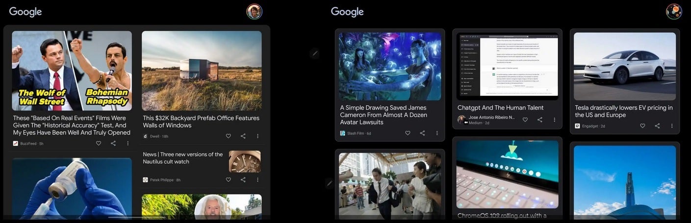 Pemandangan di tablet Android, Temukan umpan.  UI lama di kiri, UI baru di kanan - Google melakukan perubahan pada feed Discover sebelum peluncuran Tablet Pixel tahun ini