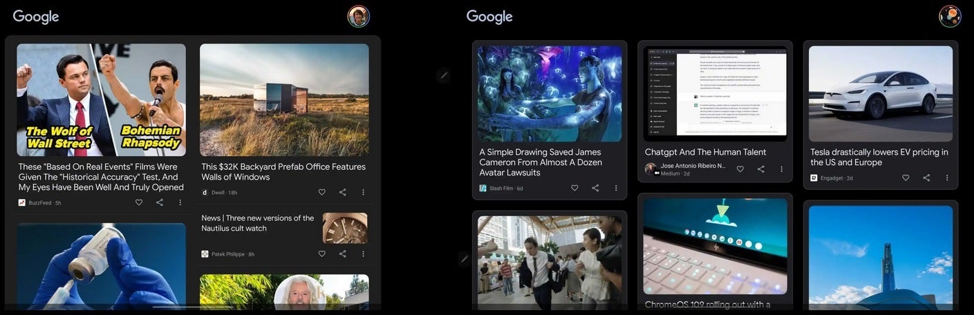 Landscape on Android tablet, Discover feed. Old UI on left, new UI on right - Google makes changes to the Discover feed in advance of the Pixel Tablet&#039;s release this year