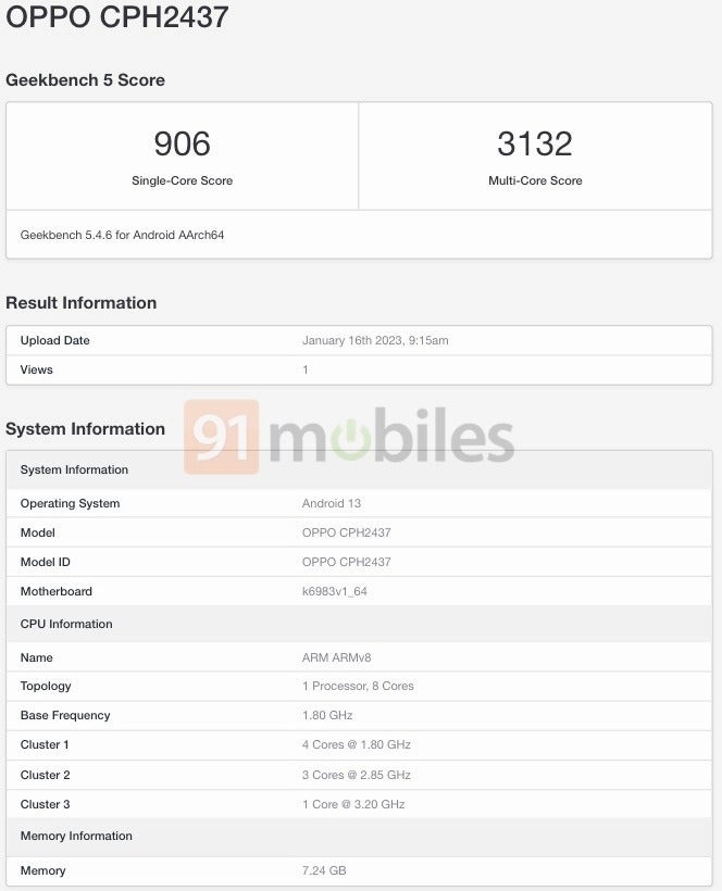 Daftar Geekbench dari OPPO Find N2 Flip.  - OPPO Find N2 Flip versi global spesifikasi yang diduga diungkapkan oleh daftar Geekbench