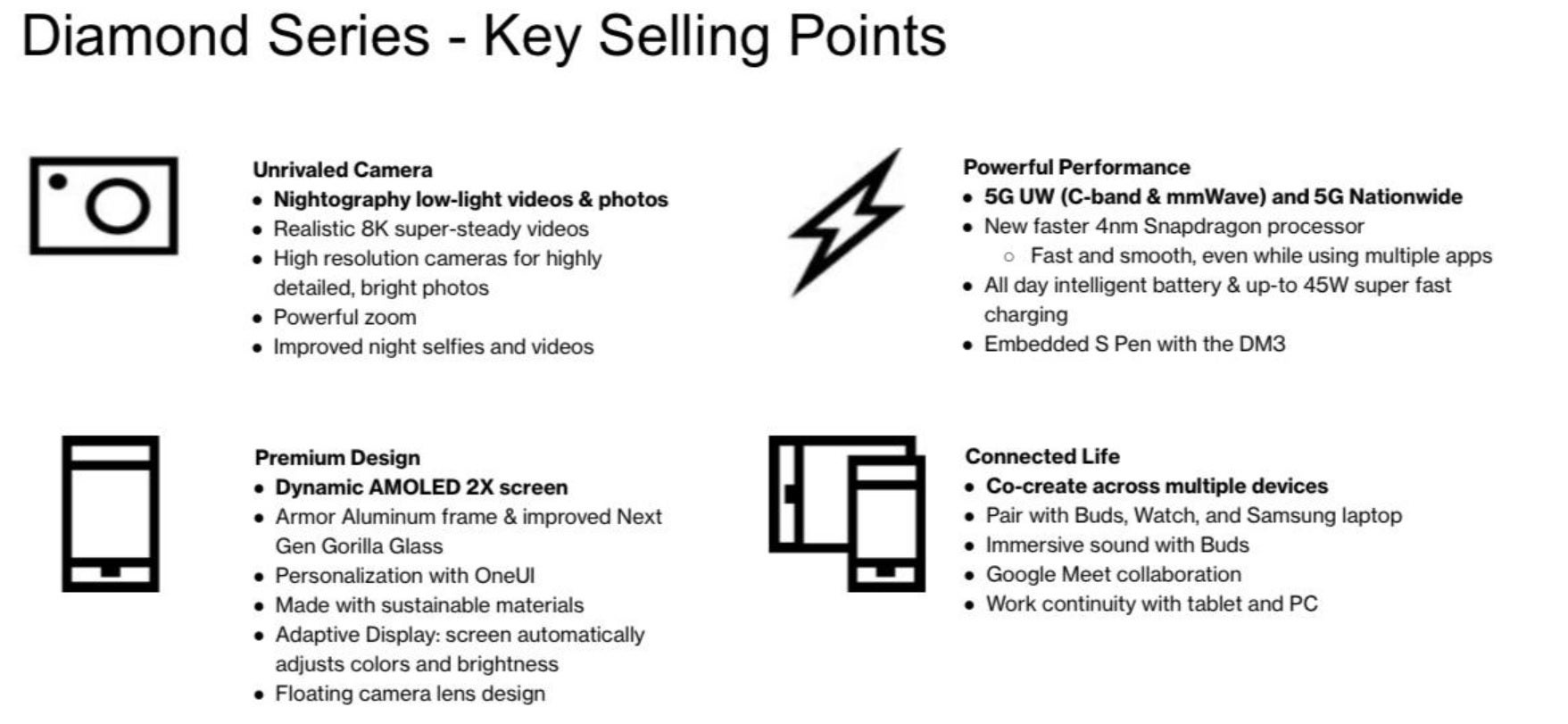 Verizon reps are supposed to use these key selling points to help them sell the phones - Leaked Verizon spec sheet for Galaxy S23 line reveals everything including prices