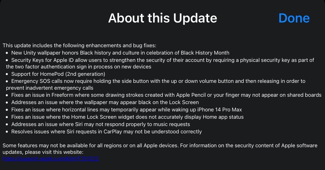 The iOS 16.3 changelog as seen on the iOS 16.3 RC - iOS 16.3 coming next week with these new features and bug fixes in tow