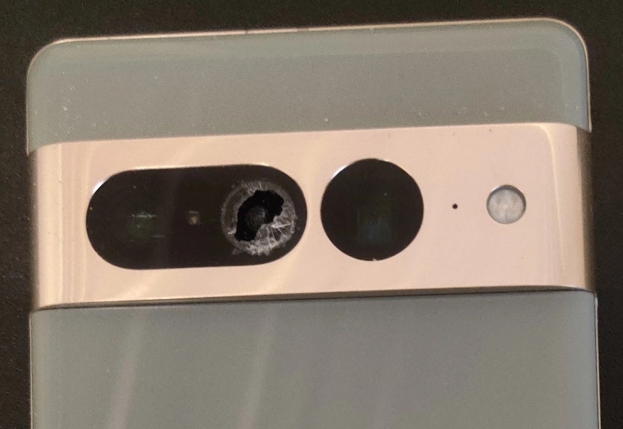 The glass on this Pixel 7 Pro&#039;s rear camera bar has shattered - Pixel 7 users are furious at Google for not taking responsibility over shattered glass