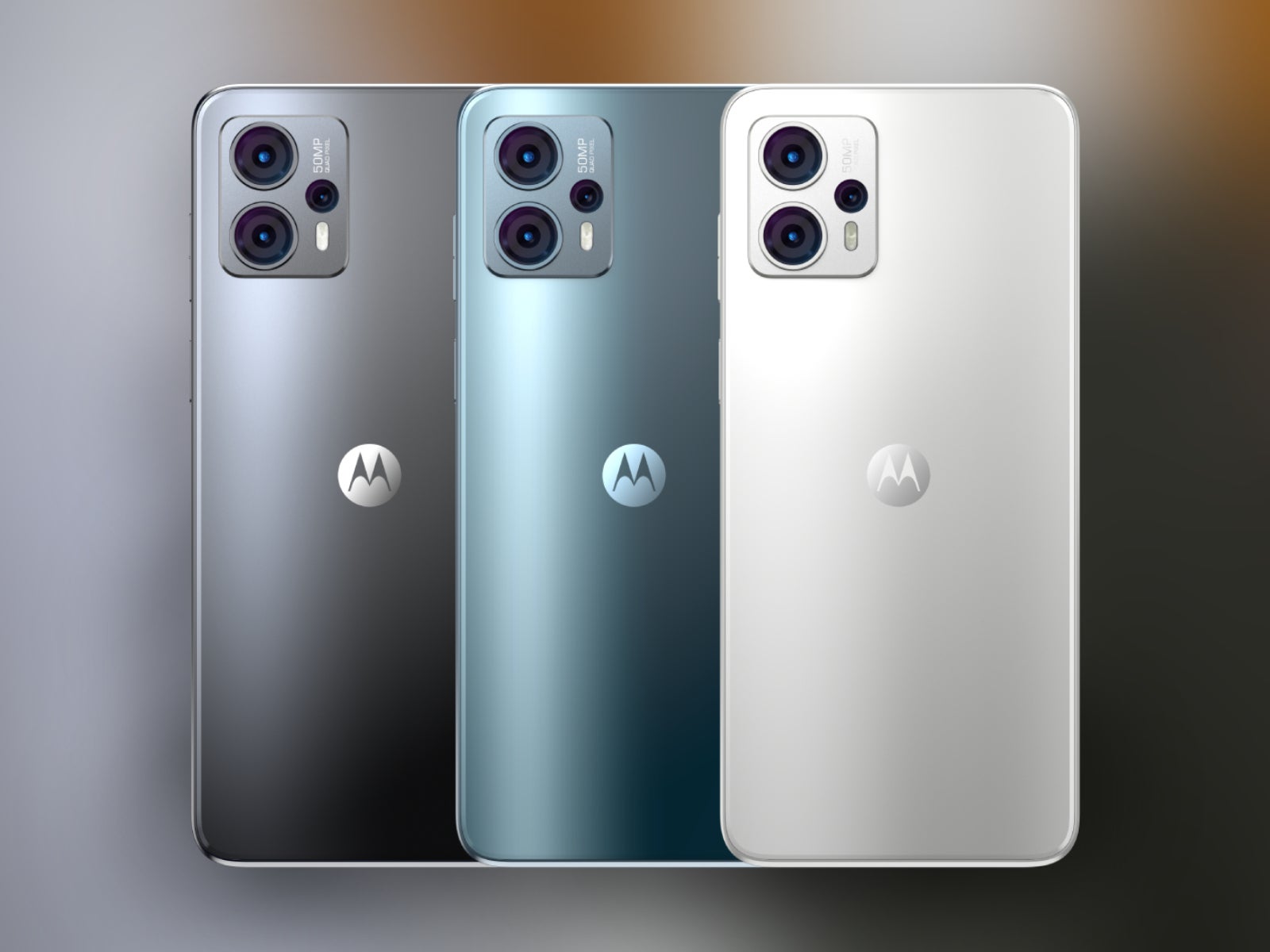 O G23 vem em Matte Charcoal, Steel Blue ou Pearl White.  - Conheça o Moto G13 e o Moto G23: os celulares econômicos mais recentes da Motorola