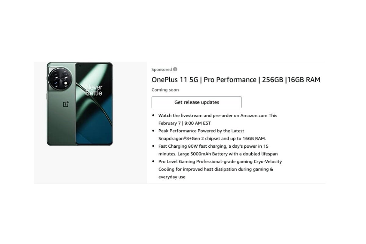Newly spotted Amazon.com listing for the unreleased OnePlus 11. - Amazon confirms key US OnePlus 11 5G specs and pre-order start time