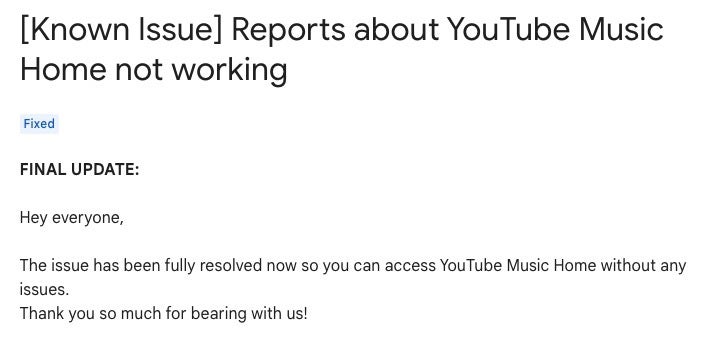(Update: Fixed) YouTube Music partially down on the web and all mobile devices