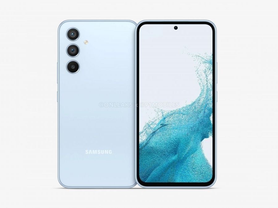 A leaked design render, showcasing the Galaxy A54 5G in Awesome Blue. Hm. - The Galaxy A54 battery capacity has been revealed by the FCC