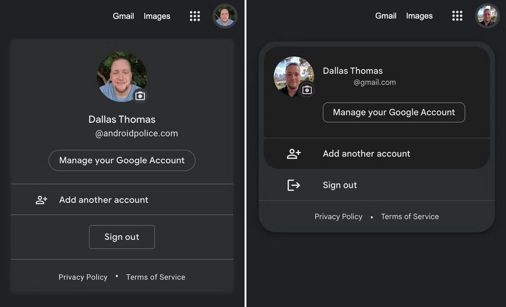 The old Account Switcher look is at left, the new look is at right. Image credit Android Police - The Google app and account switcher get Material You makeovers