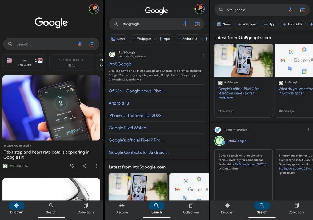 The new look of the Google application.  Image Credit 9to5Google: Google App and Account Switcher Get Material You Makeovers