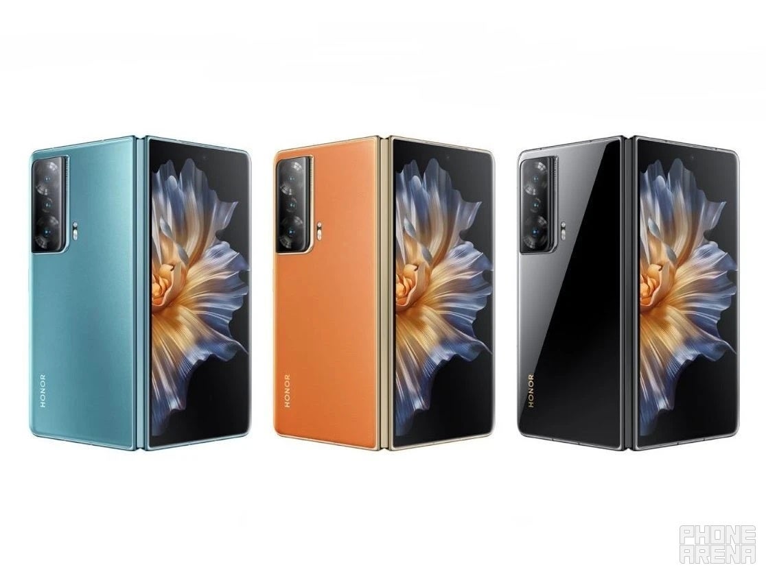 The Magic Vs in Cyan, Orange, and a shinier Black. - MWC 2023: Honor teases the global launch of its most advanced foldable phone