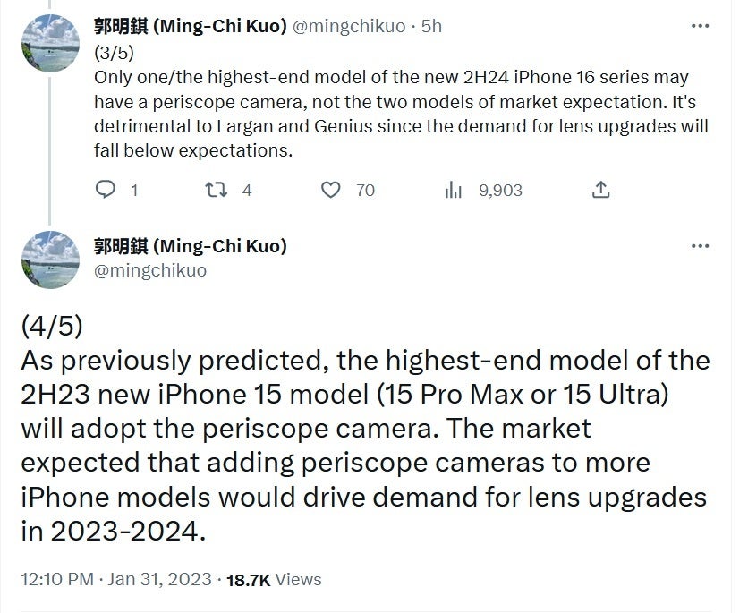 According to Ming-Chi Kuo, Apple will only offer a periscope camera on the iPhone 15 Ultra and iPhone 16 Ultra models.