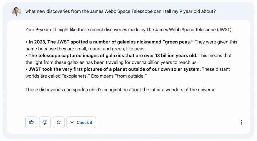 Bard répond à une question complexe sur le télescope spatial James Webb de la NASA à un enfant de 9 ans - Google présente sa plateforme d'IA conversationnelle Bard ;  disponibilité publique dans quelques semaines