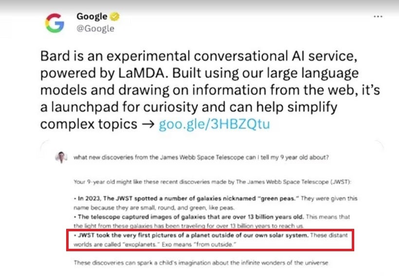 Highlighted area shows Bard's incorrect answer - Google's Bard AI chatbot screws up costing investors $100 billion in market value
