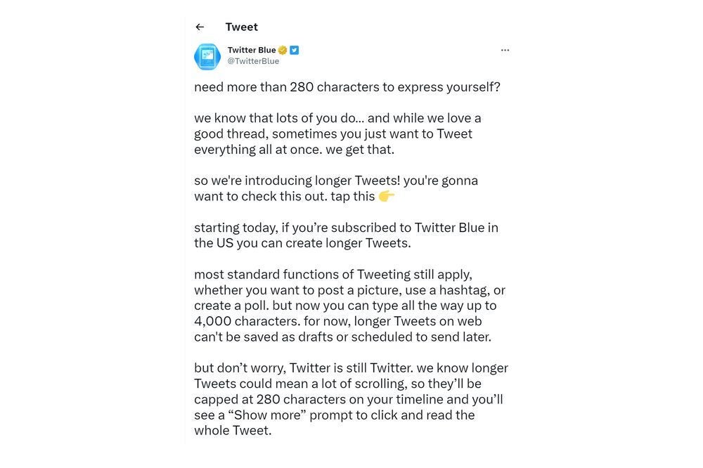 Twitter Blue ups the character limit to 4,000 in a bid to attract more subscribers