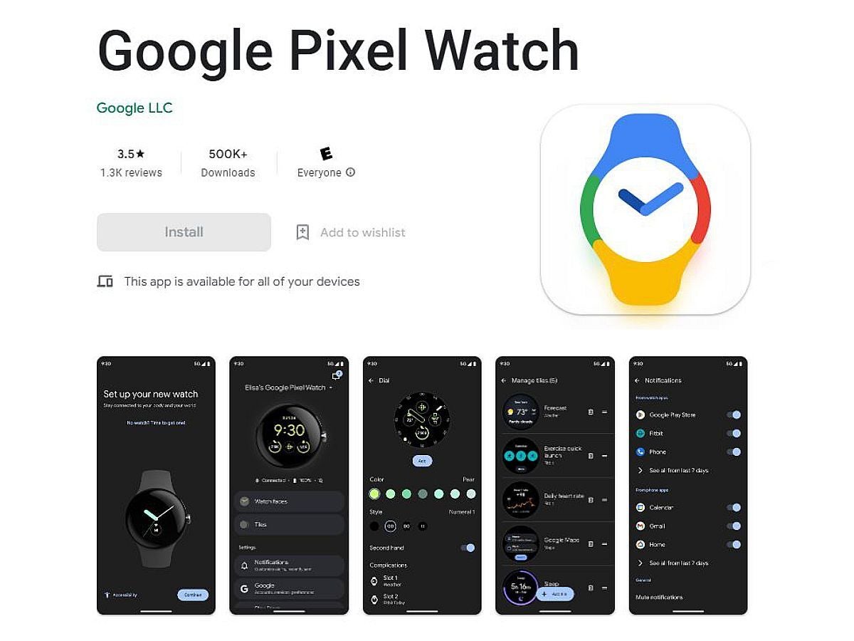 The milestone, as visible on the Google Play Store. - Pixel Watch’s companion app reaches half million downloads