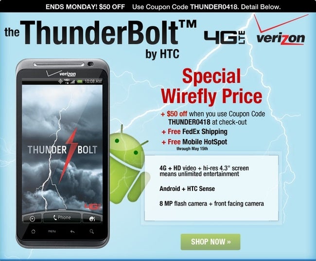 Wirefly puts the HTC ThunderBolt on sale for $150