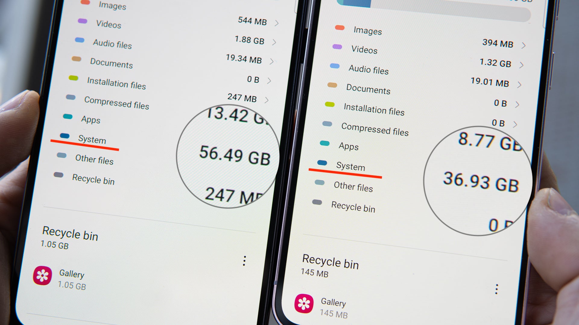 (Image Credit - PhoneArena) S23+ 512GB model on the left, reports that its system takes up 56.49GB, and S23 256GB model on the right, reports its system using 36.95GB of space, but those numbers are misleading - No, the operating system on the new Galaxy S23 Ultra does not take up 60GB of space