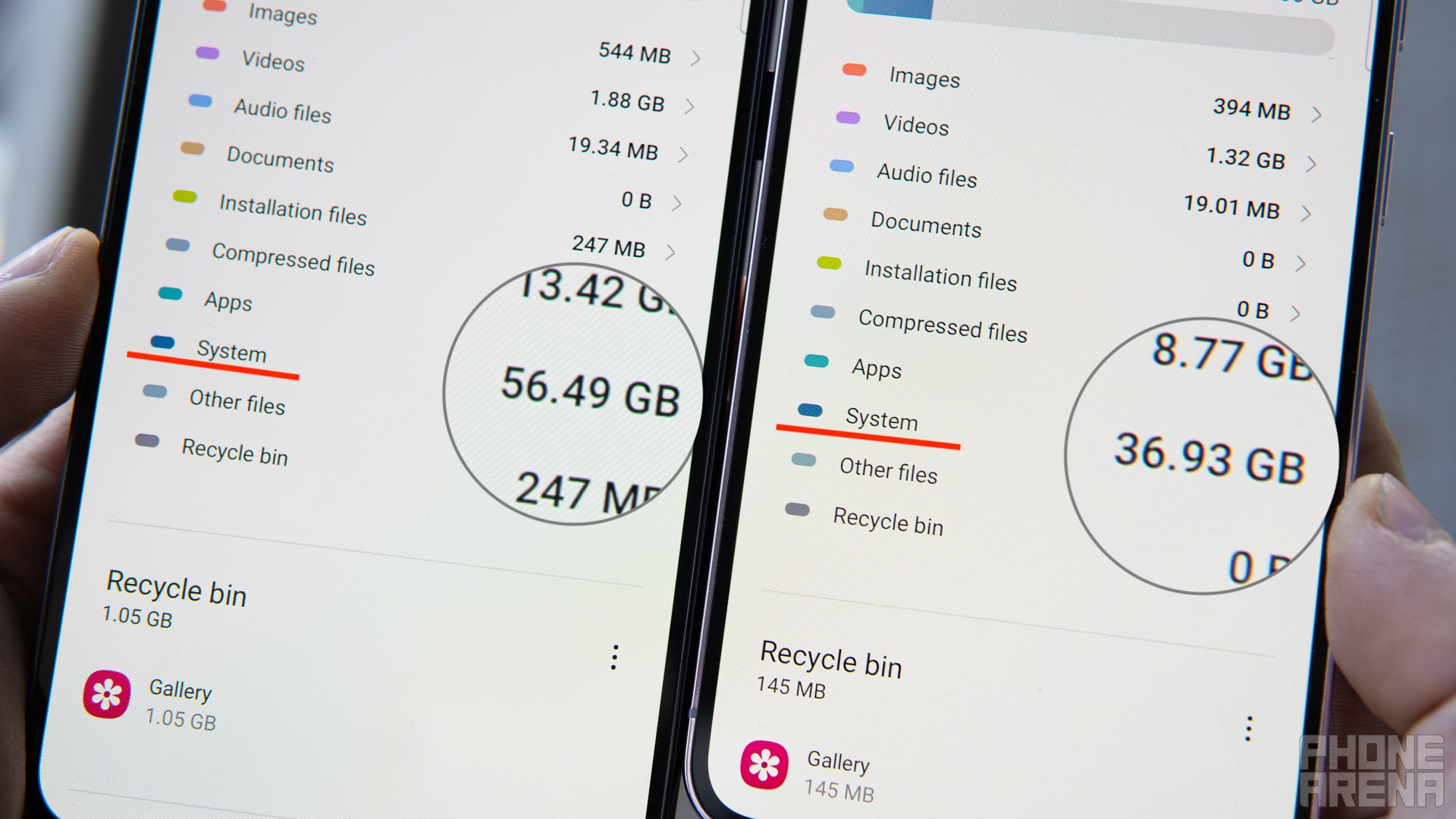 (Image Credit - PhoneArena) S23+ 512GB model on the left, reports that its system takes up 56.49GB, and S23 256GB model on the right, reports its system using 36.95GB of space, but those numbers are misleading - No, the operating system on the new Galaxy S23 Ultra does not take up 60GB of space