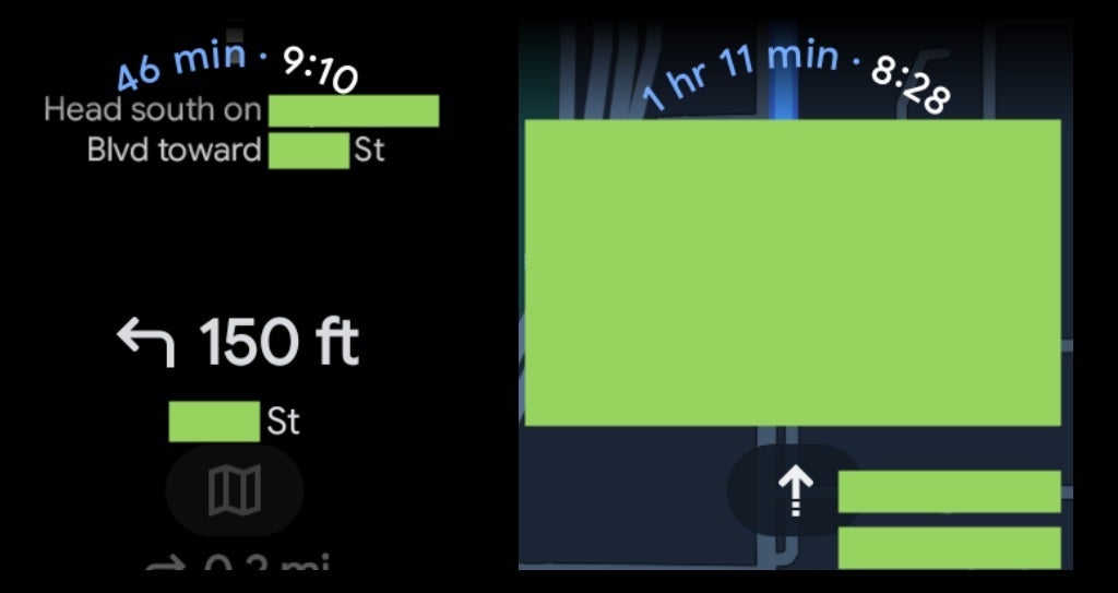 New list view for Wear OS version of Google Maps on left, new map view on right. Image credit 9to5Google - Wear OS 3 gets major Google Maps improvements