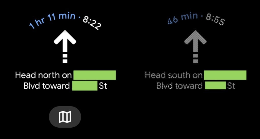 Google Maps on Wear OS 3 active screen on left, AOD view on right. Image credit 9to5Google - Wear OS 3 gets major Google Maps improvements