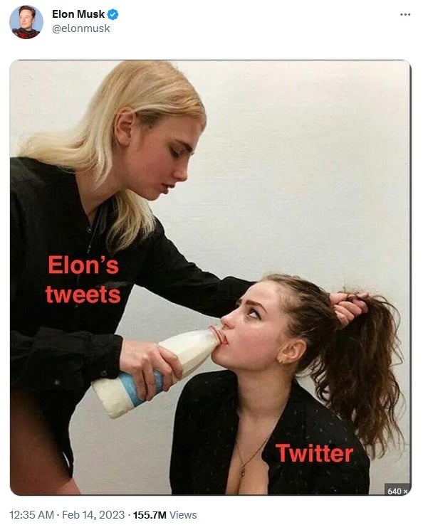 Musk shares a meme on Twitter hinting that he will shove his tweets down Twitter users' throats - Musk acts like a spoiled brat after Biden's Super Bowl tweet outperforms his by 3-to-1