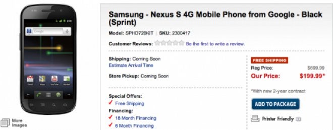 Best Buy is now offering pre-orders online for the Google Nexus S 4G