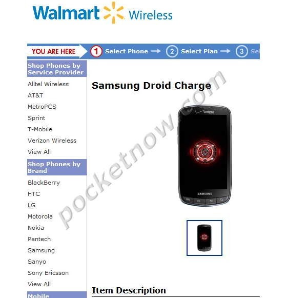Samsung Droid Charge was briefly spotted on Walmart’s website