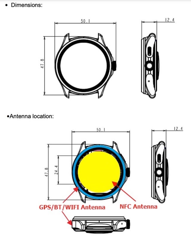Dimensions and antenna locations from the FCC report - FCC says TicWatch Pro 5 checks all the boxes: Snapdragon W5+ chip, large battery, and Wear OS 3