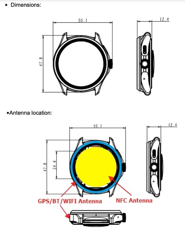 Dimensions et emplacements des antennes du rapport FCC - FCC indique que TicWatch Pro 5 coche toutes les cases : puce Snapdragon W5+, grande batterie et Wear OS 3