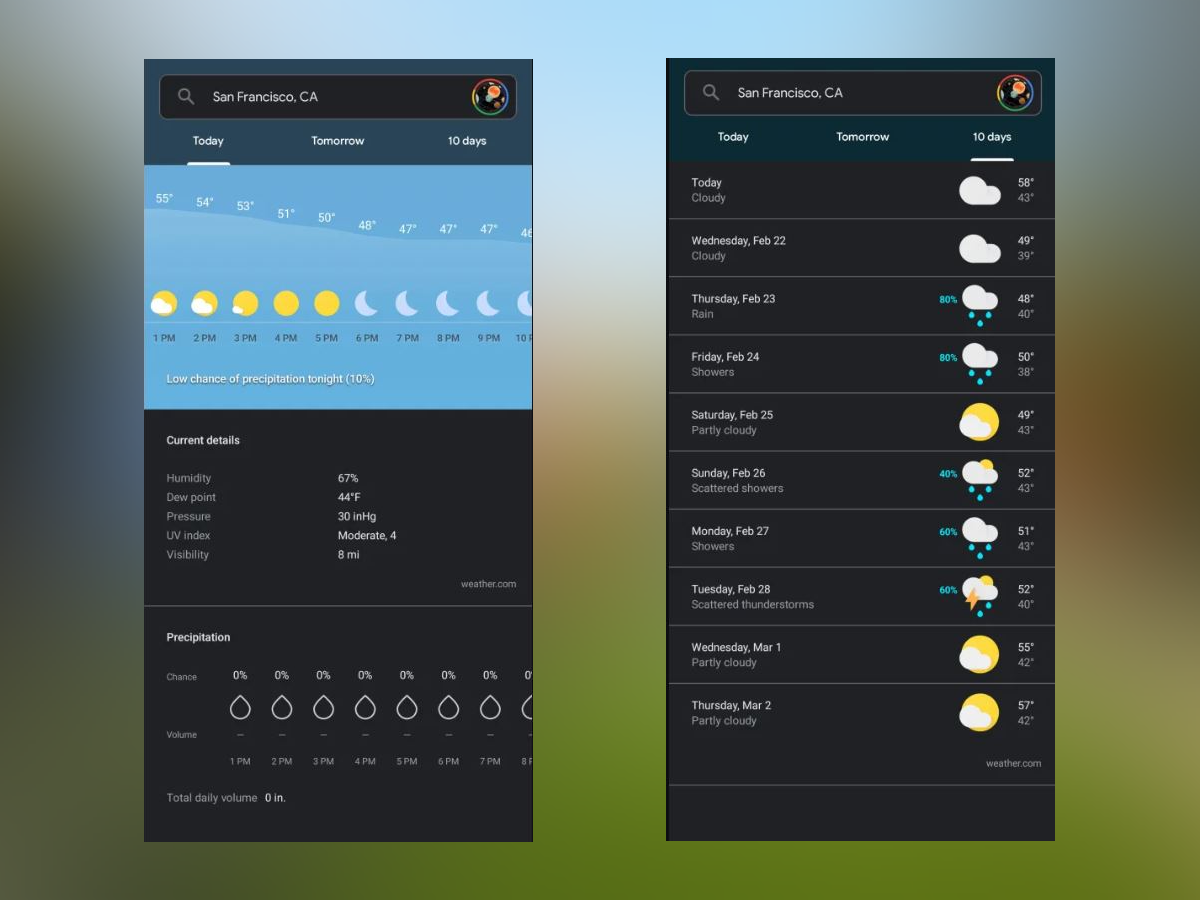 Some Examples Provided By The 9To5 Google Crew. - Google Weather Now Has A Dark Mode On Pixels, Albeit By Accident