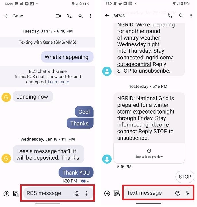 At left, both sides are using RCS on Android. On right, one party is using an iPhone - Google drops "Chat" for "RCS" on Android