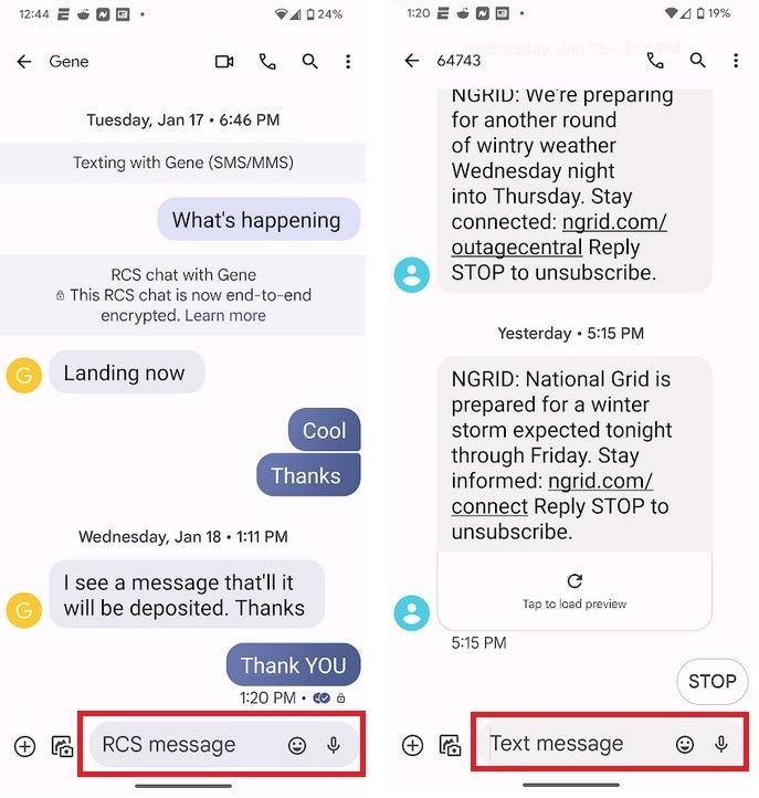 At left, both sides are using RCS on Android. On right, one party is using an iPhone - Google drops &quot;Chat&quot; for &quot;RCS&quot; on Android