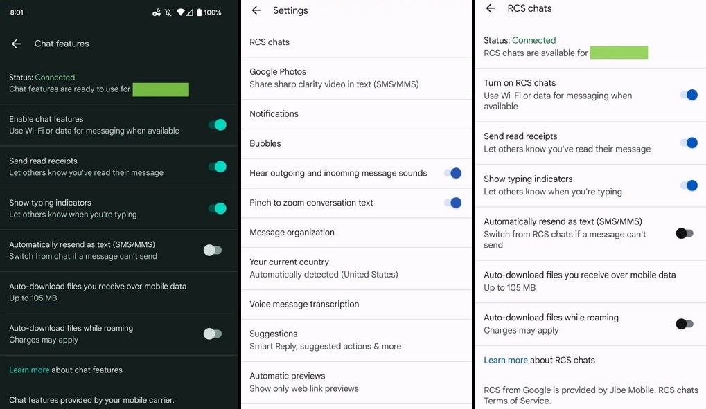 At left, before the rebranding. In the middle and right, note the use of RCS chats. Image credit 9to5Google - Google drops "Chat" for "RCS" on Android