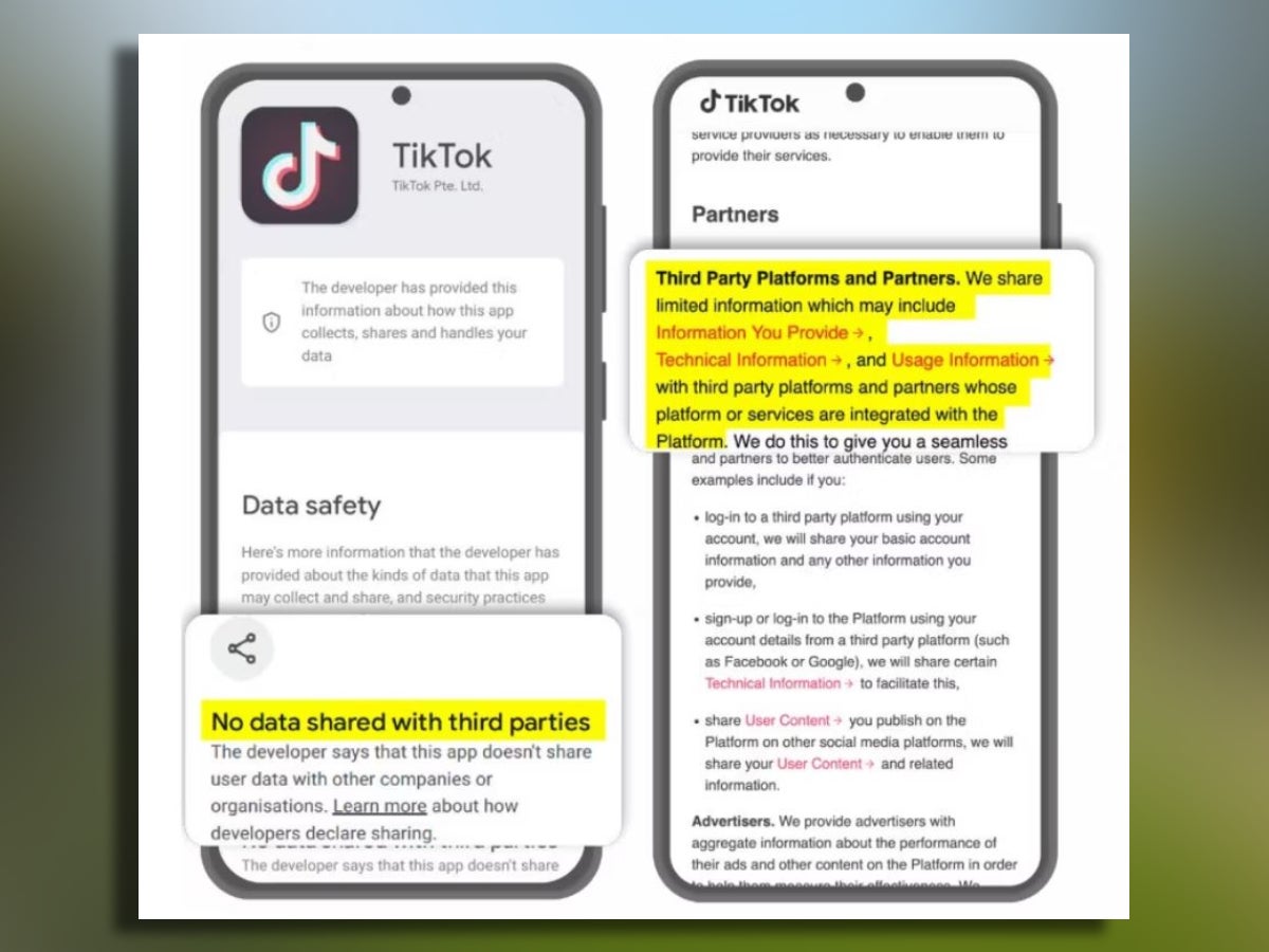 TikTok's data safety info on the Play Store is on the left, while its privacy policy is on the right. - Mozilla did some digging and it turns out that Google Play’s data privacy labels are being misused