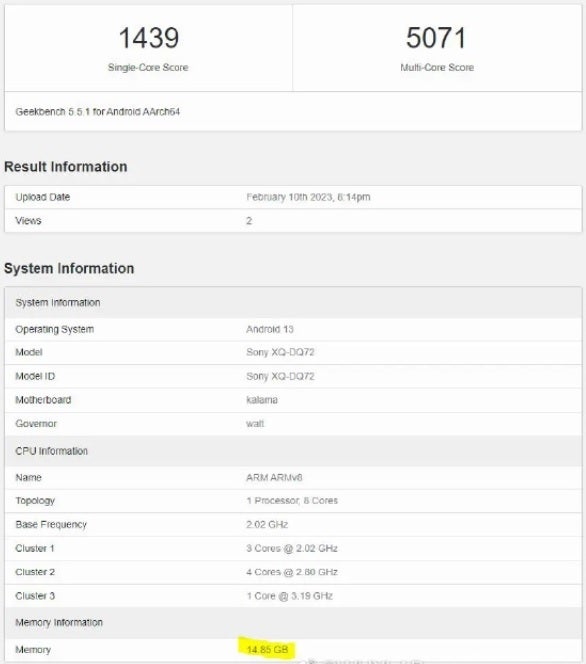 Alleged benchmark test for the Sony Xperia 5 V shows a variant with 16GB of RAM - Benchmark test shows Xperia 5 V equipped with 16GB RAM, Snapdragon 8 Gen2 SoC