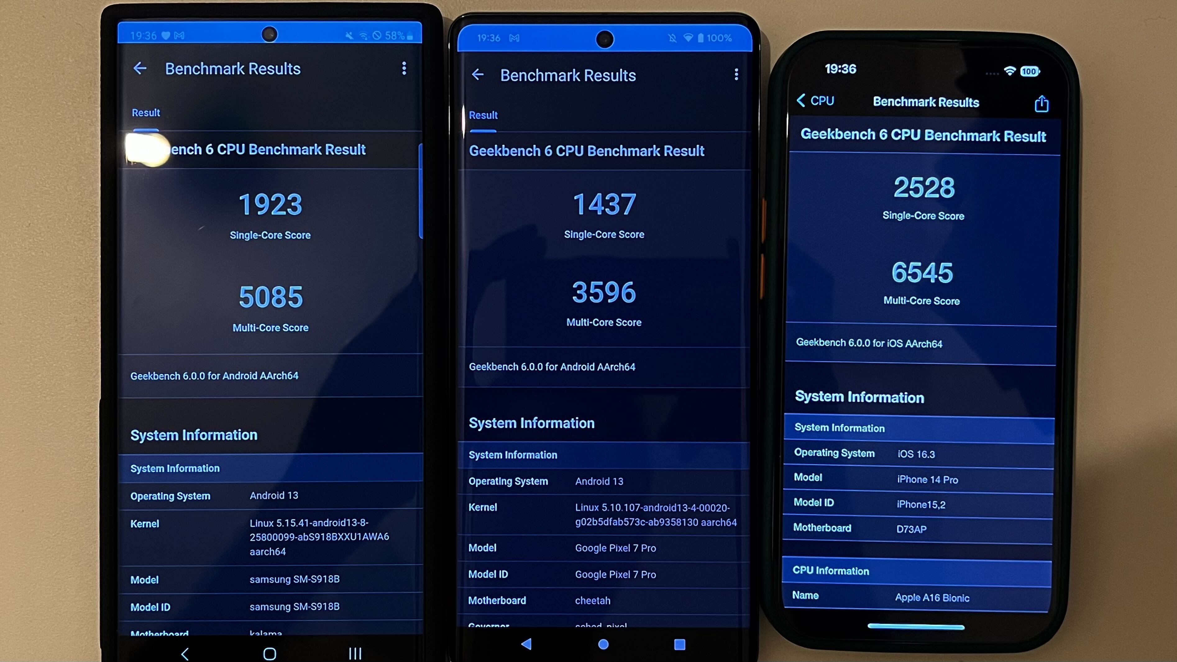 Galaxy S23 Ultra (left), Pixel 7 Pro (middle), iPhone 14 Pro (right). New, more demanding Geekbench 6 test puts iPhone 14 Pro far ahead Galaxy S23 Ultra, Pixel 7 Pro. - Apple “pays to make Galaxy S23 seem slower”, say Android users: True or false? Key CEO reacts
