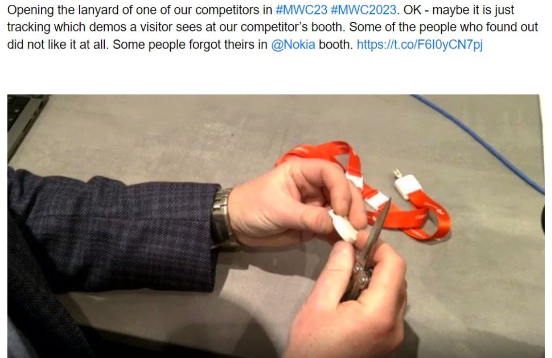 Tweet from a private investor showing a Huawei badge getting cut up - Huawei in big trouble; company must come clean and explain its MWC actions