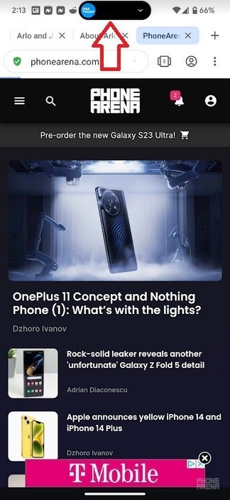 Arrow shows the dynamicSpot app for Android on a Pixel 6 Pro - The first Android phone with the Dynamic Island is official