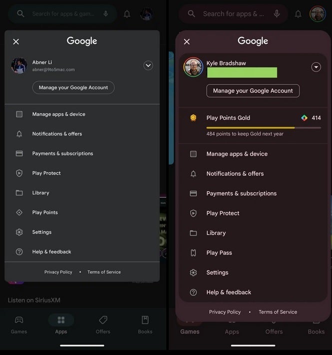 The old Google Account Switcher at left, the updated UI at right Image Credit 9to5Google - Google updates a Play Store feature and Nearby Share using Material You designs
