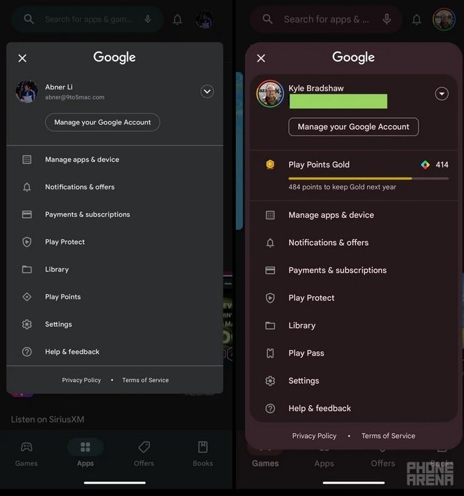 The old Google Account Switcher at left, the updated UI at right Image Credit 9to5Google - Google updates a Play Store feature and Nearby Share using Material You designs